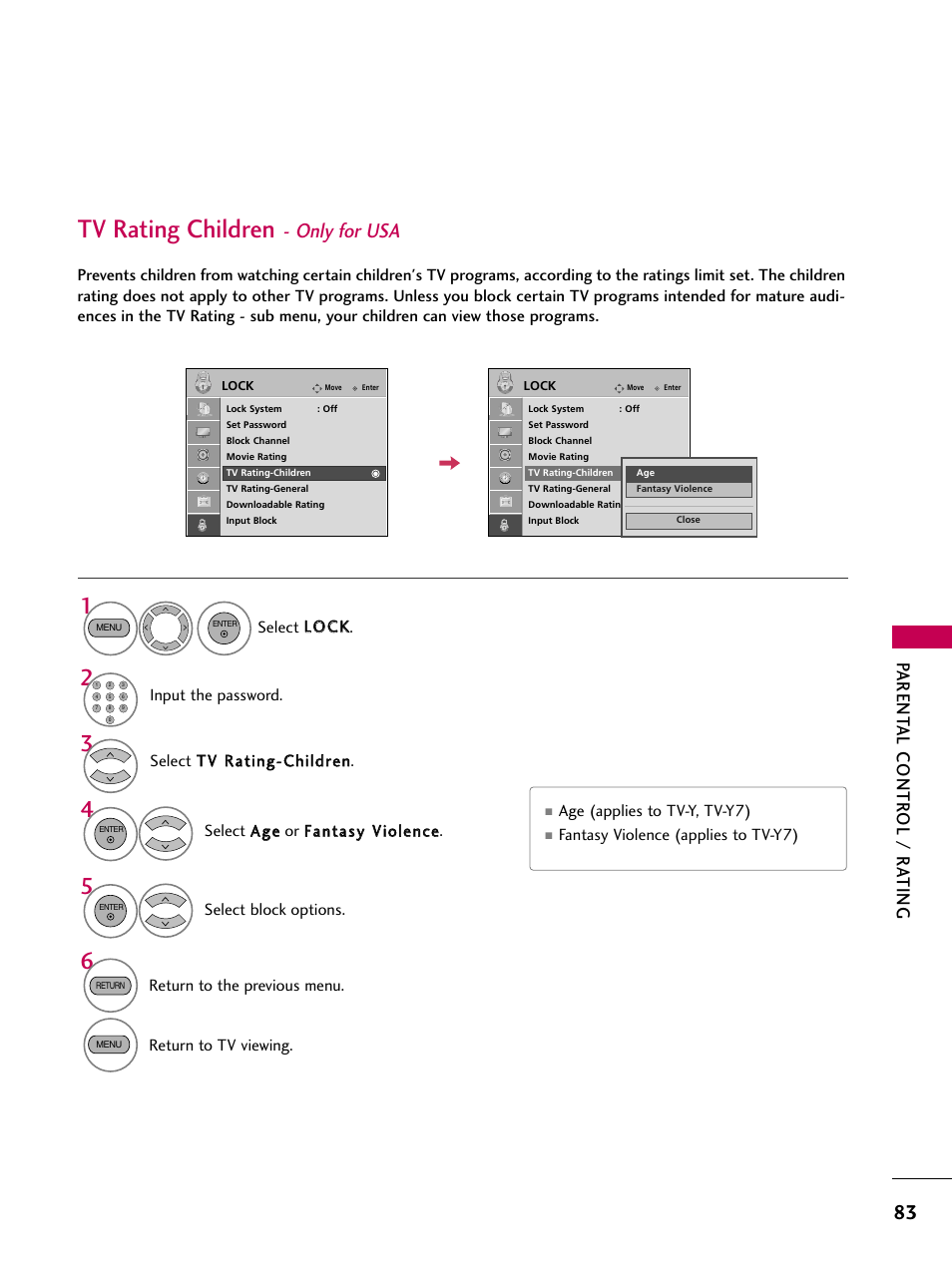 Tv rating children - only for usa, Tv rating children, Only for usa | Parent al contr ol / r ating | LG VIDEOSECU SAC30708022 User Manual | Page 85 / 116