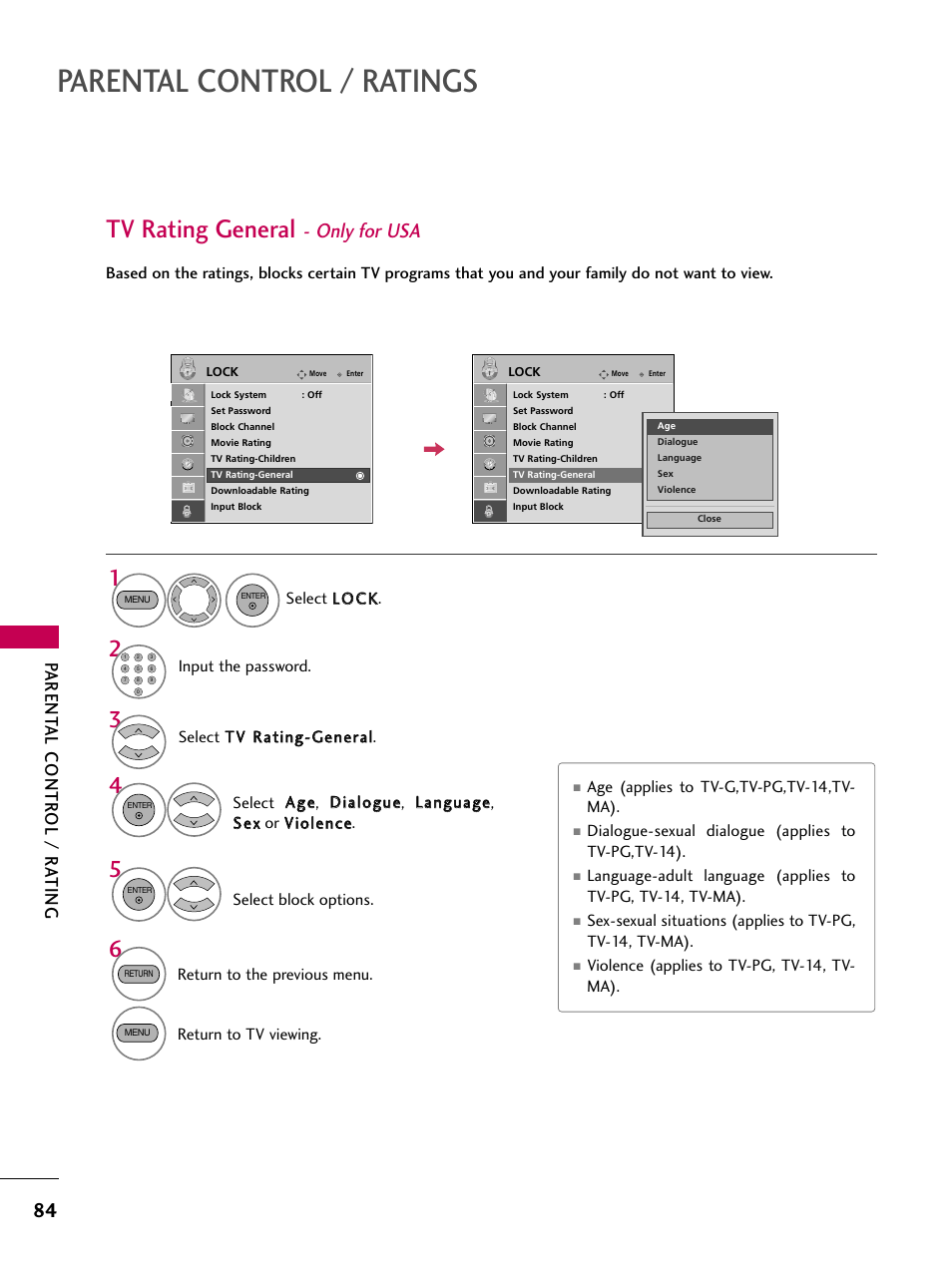 Tv rating general - only for usa, Parental control / ratings, Tv rating general | Only for usa, Parent al contr ol / r ating | LG VIDEOSECU SAC30708022 User Manual | Page 86 / 116