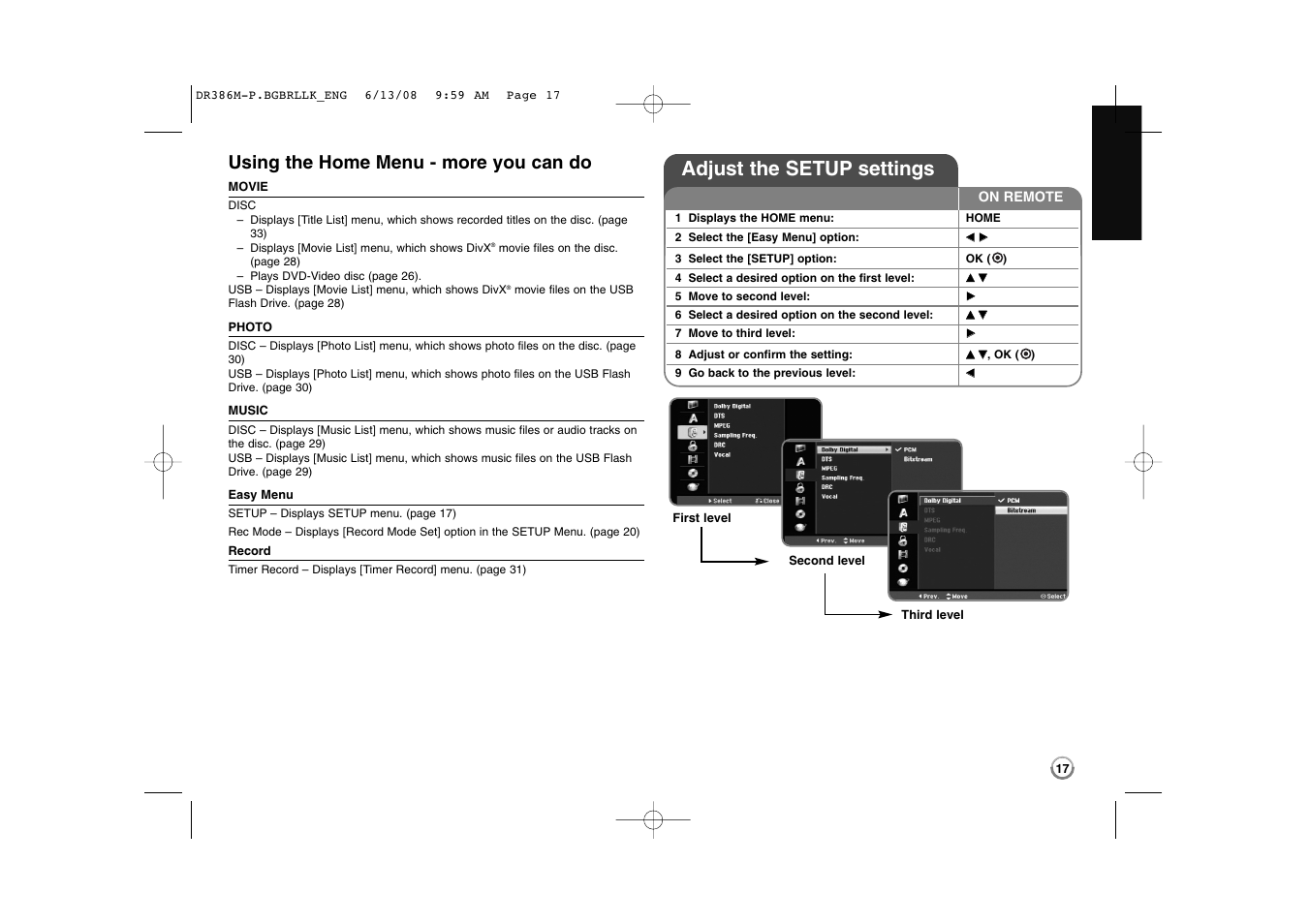 Adjust the setup settings, Using the home menu - more you can do | LG DRT389H User Manual | Page 17 / 40