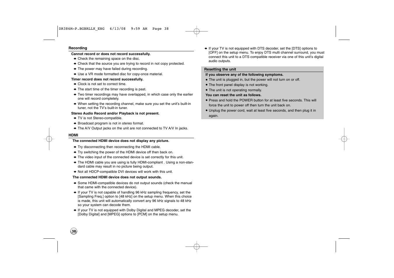 LG DRT389H User Manual | Page 38 / 40