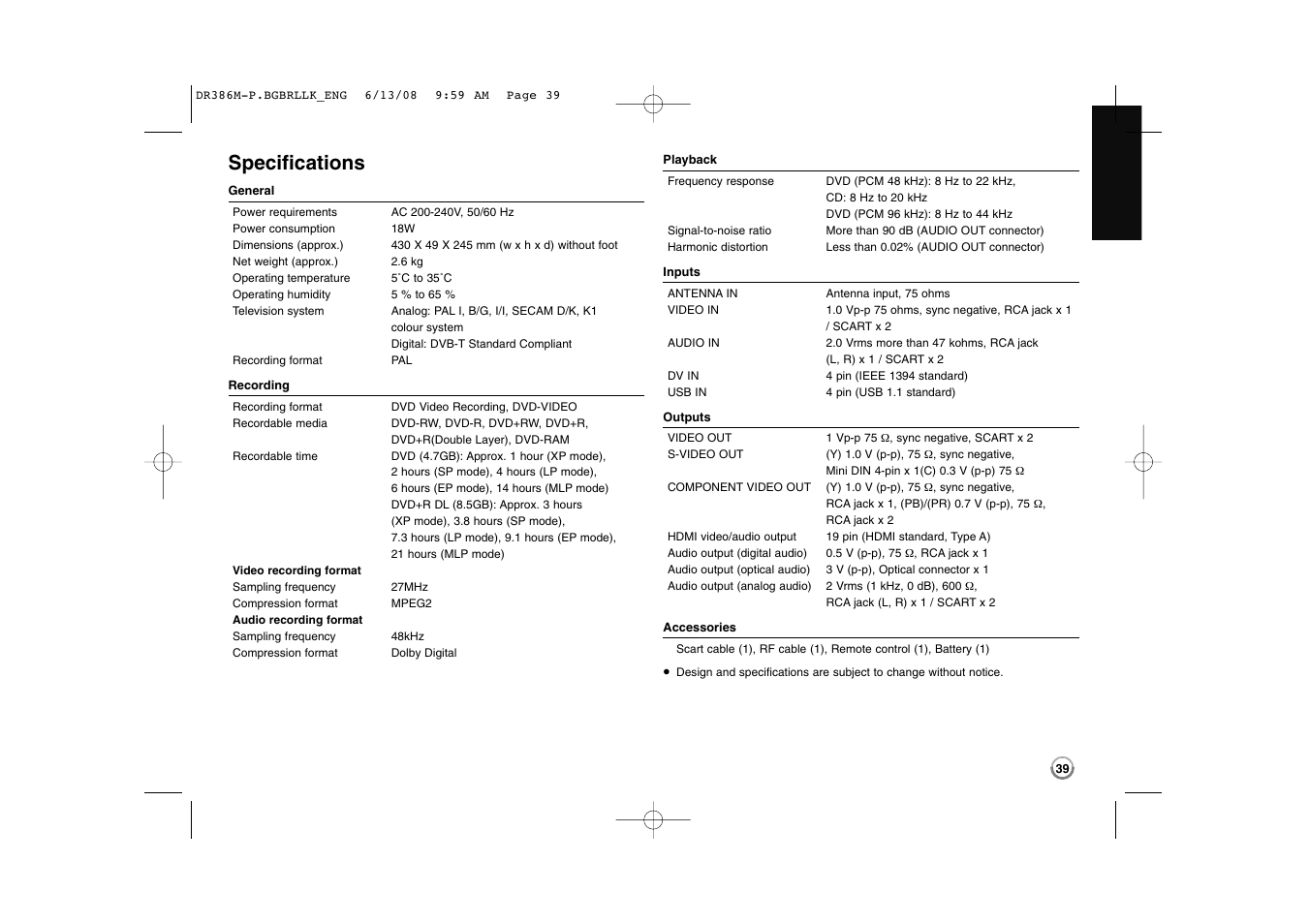 Specifications | LG DRT389H User Manual | Page 39 / 40