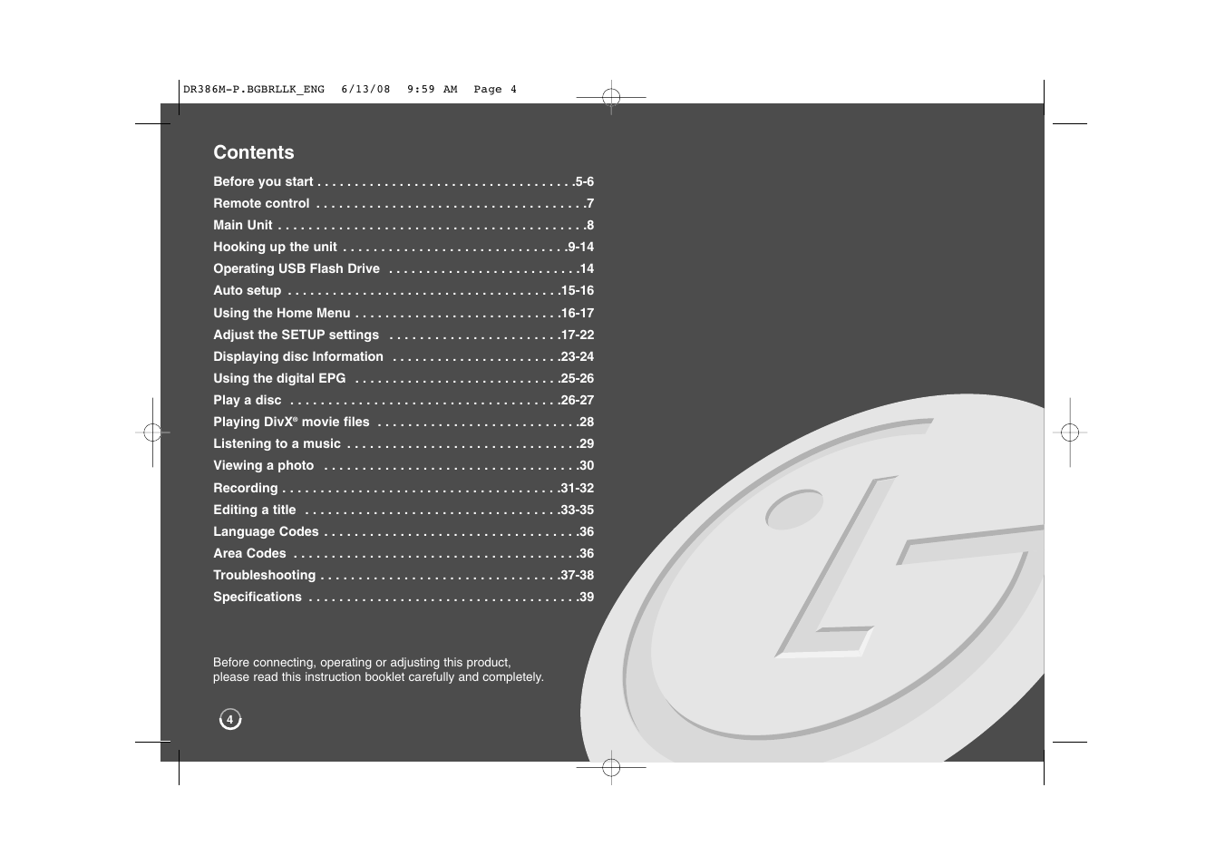LG DRT389H User Manual | Page 4 / 40