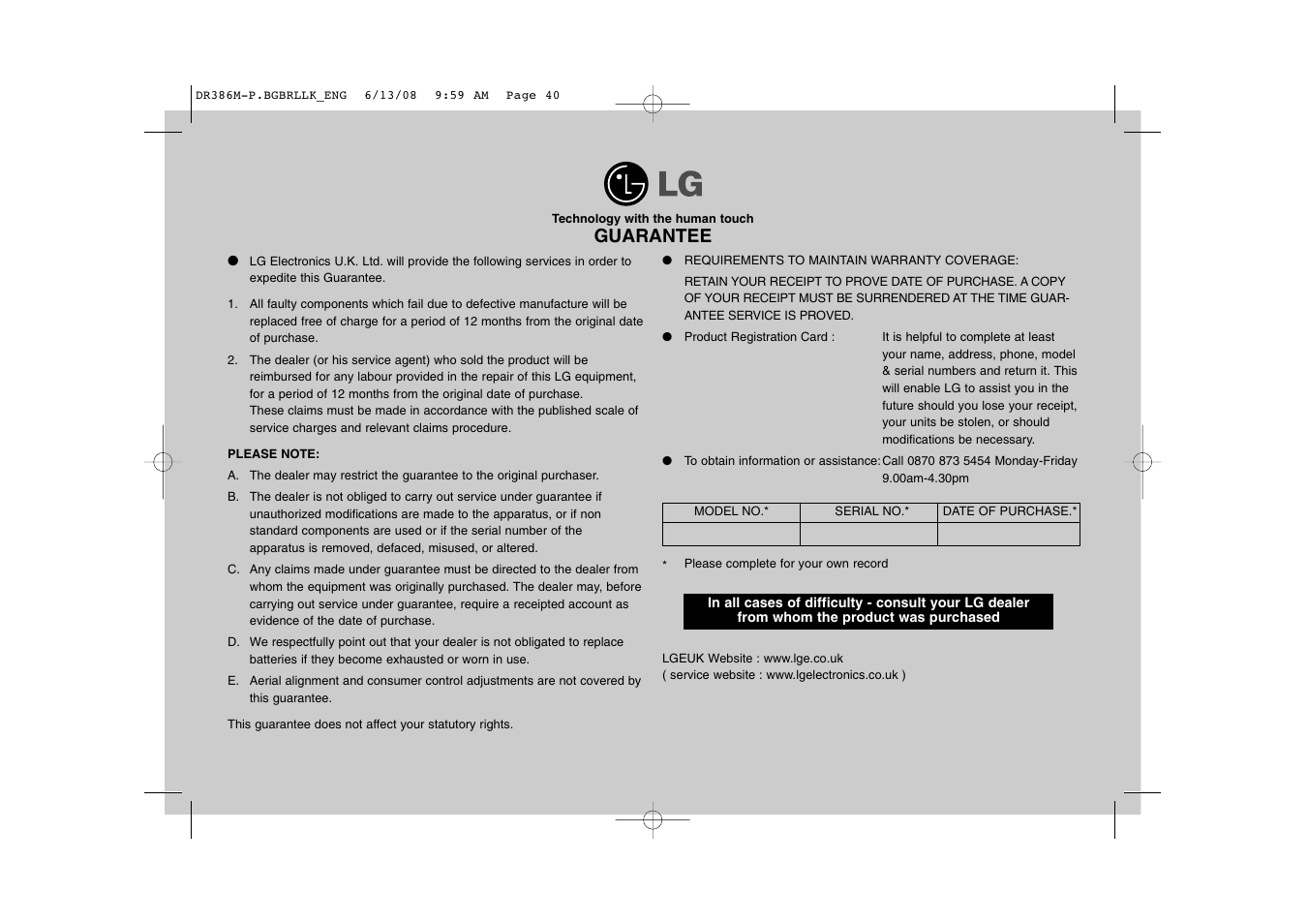 Guarantee | LG DRT389H User Manual | Page 40 / 40