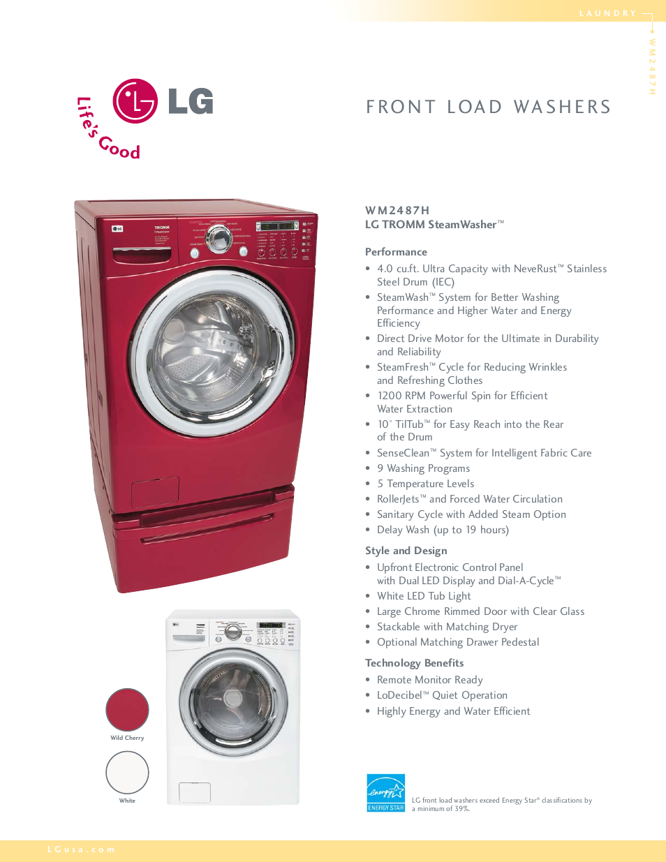 LG TROMM STEAMWASHERTM WM2487H User Manual | 2 pages