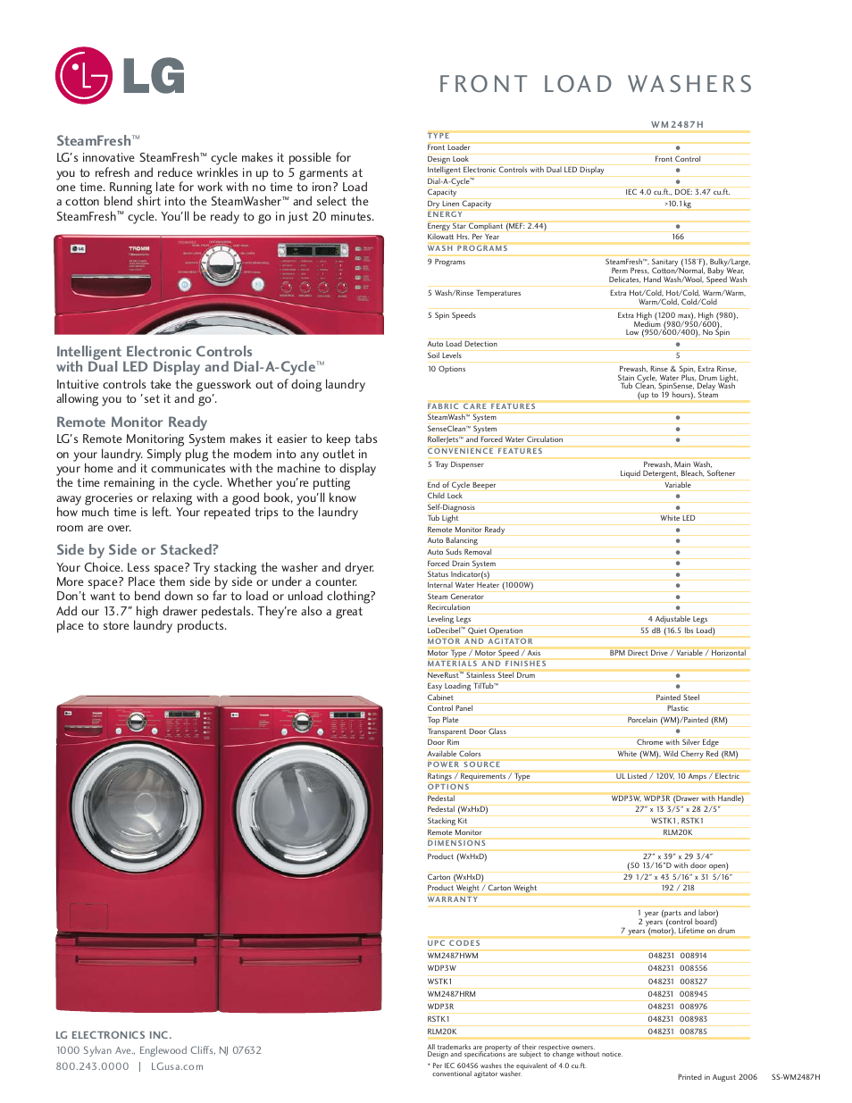 Steamfresh, Remote monitor ready, Side by side or stacked | Lg's innovative steamfresh, And select the steamfresh, Cycle. you'll be ready to go in just 20 minutes | LG TROMM STEAMWASHERTM WM2487H User Manual | Page 2 / 2