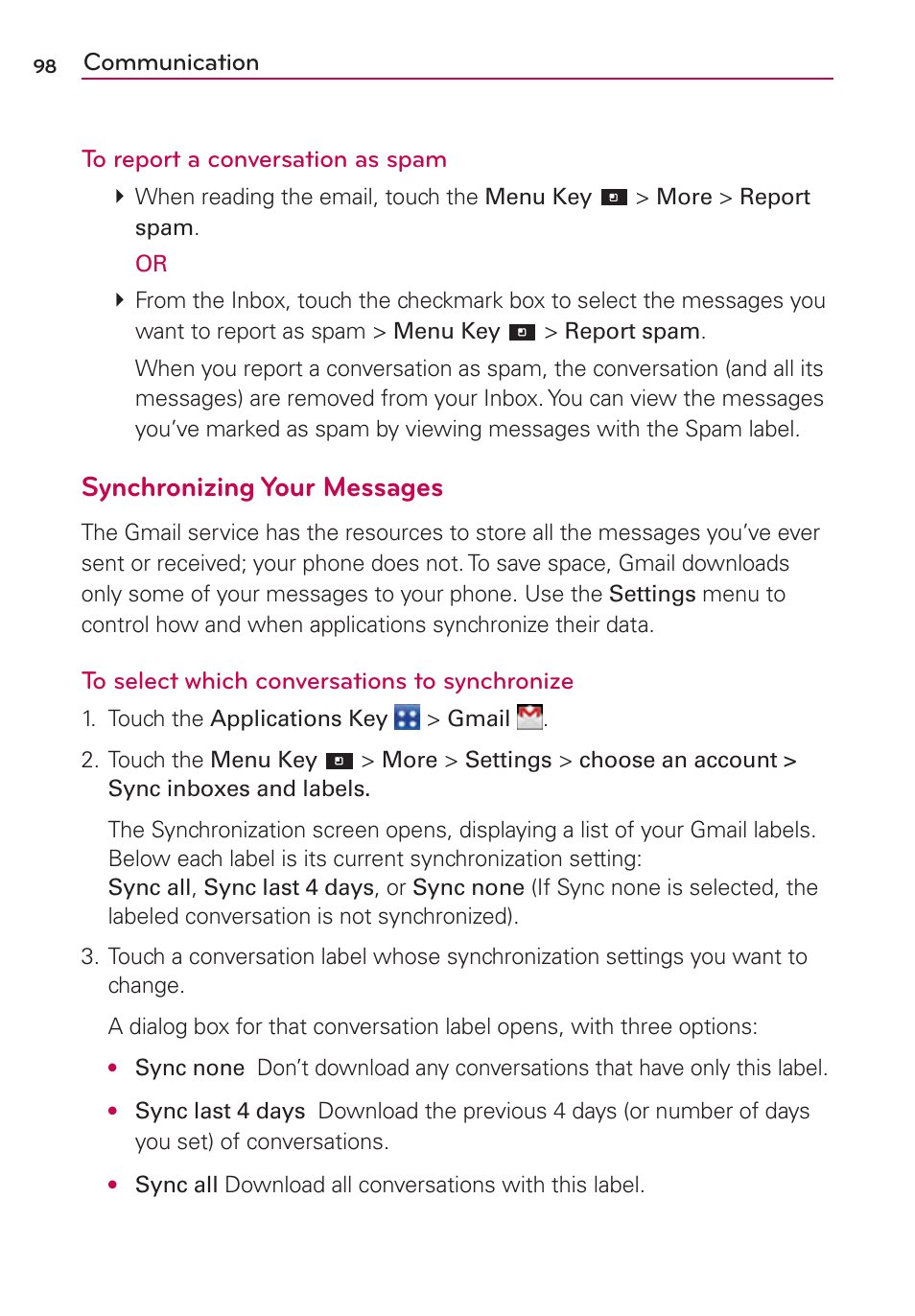 Synchronizing your messages, Communication to report a conversation as spam | LG CONNECT 4G MFL67218101 User Manual | Page 100 / 415