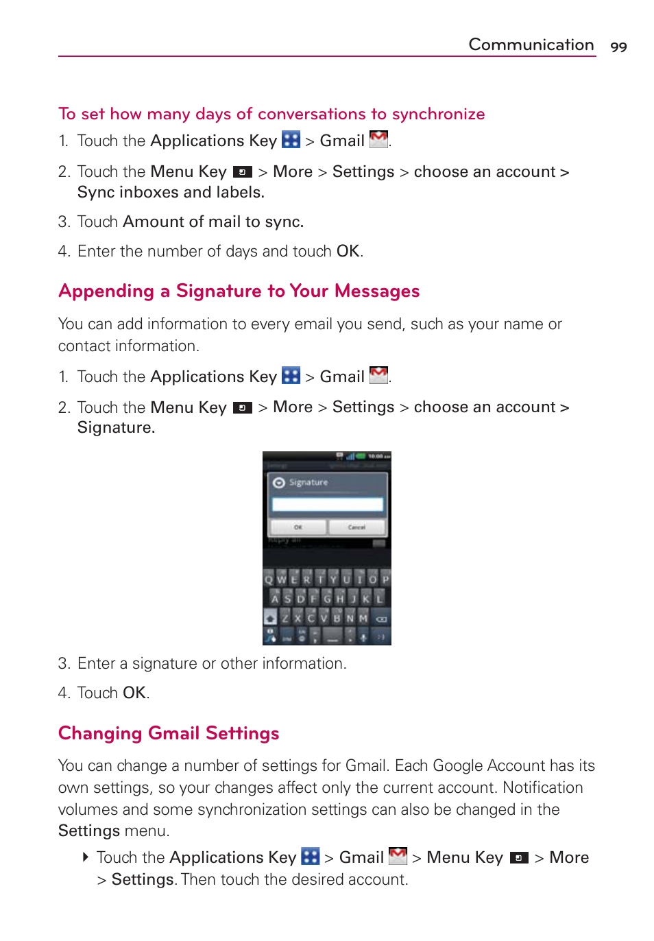 Appending a signature to your messages, Changing gmail settings | LG CONNECT 4G MFL67218101 User Manual | Page 101 / 415