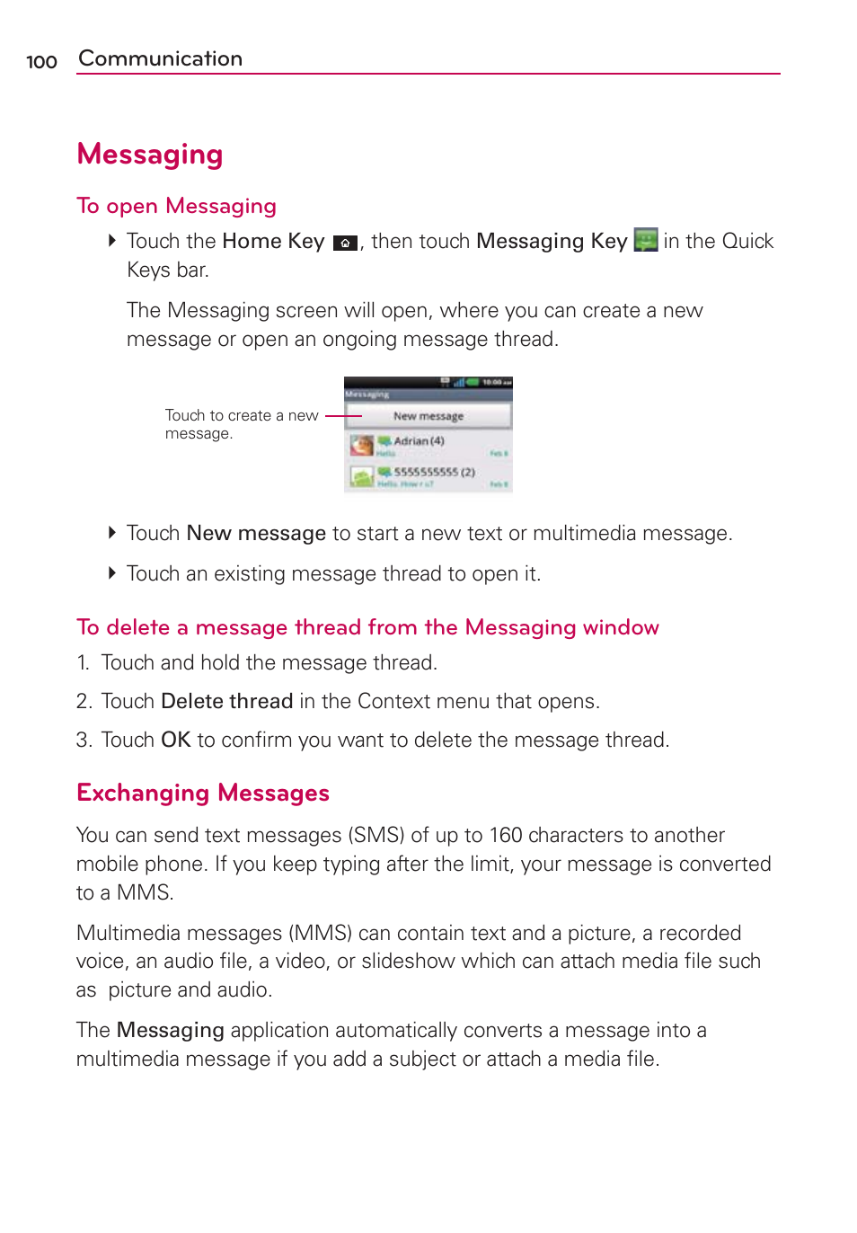 Messaging, Exchanging messages | LG CONNECT 4G MFL67218101 User Manual | Page 102 / 415