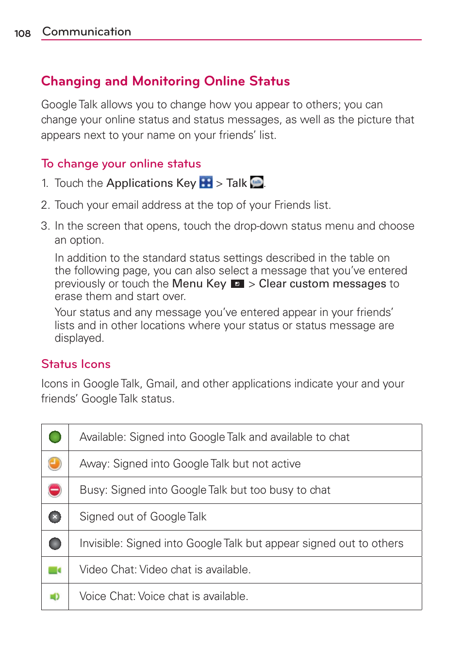 Changing and monitoring online status | LG CONNECT 4G MFL67218101 User Manual | Page 110 / 415