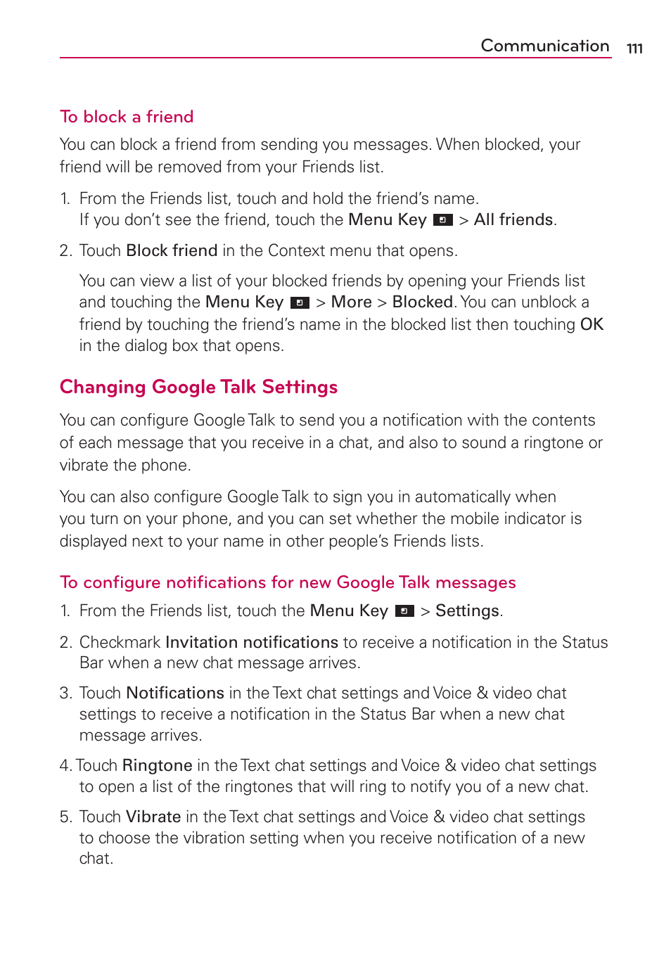 Changing google talk settings | LG CONNECT 4G MFL67218101 User Manual | Page 113 / 415