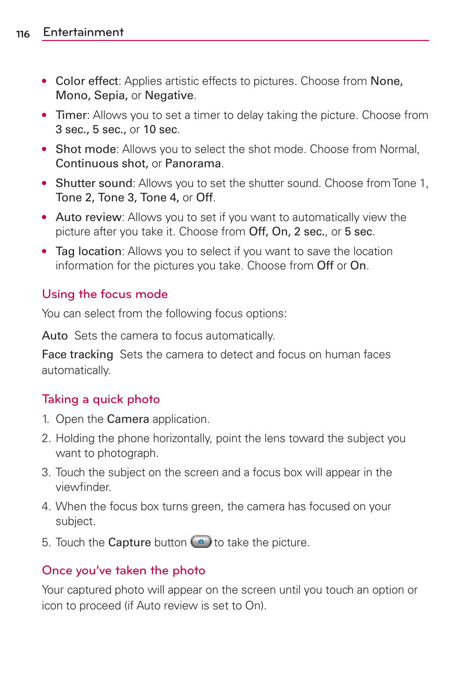Entertainment, Using the focus mode, Taking a quick photo | Once you’ve taken the photo | LG CONNECT 4G MFL67218101 User Manual | Page 118 / 415