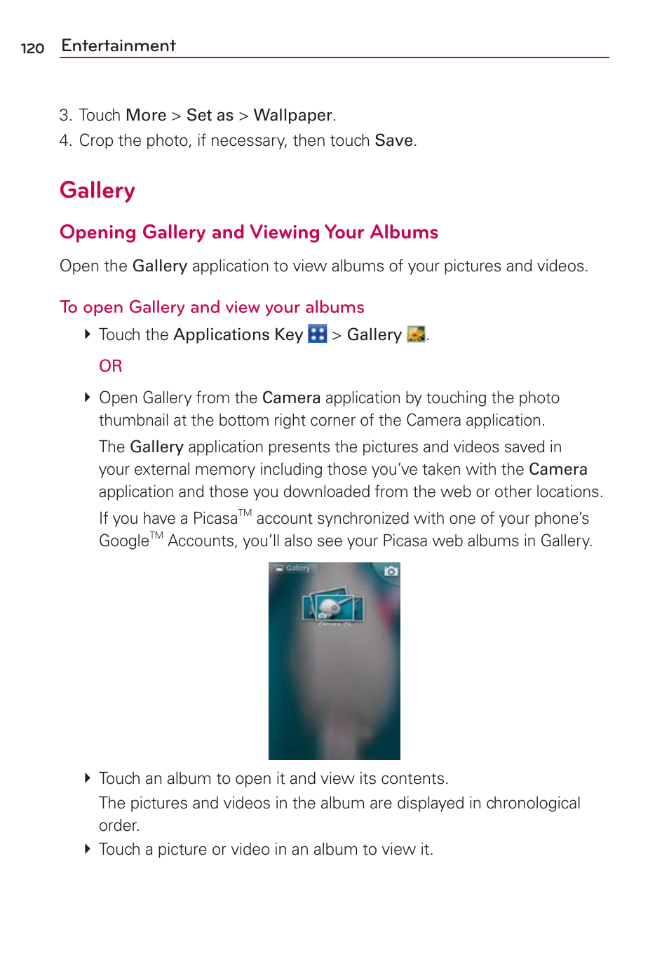 Gallery, Opening gallery and viewing your albums | LG CONNECT 4G MFL67218101 User Manual | Page 122 / 415