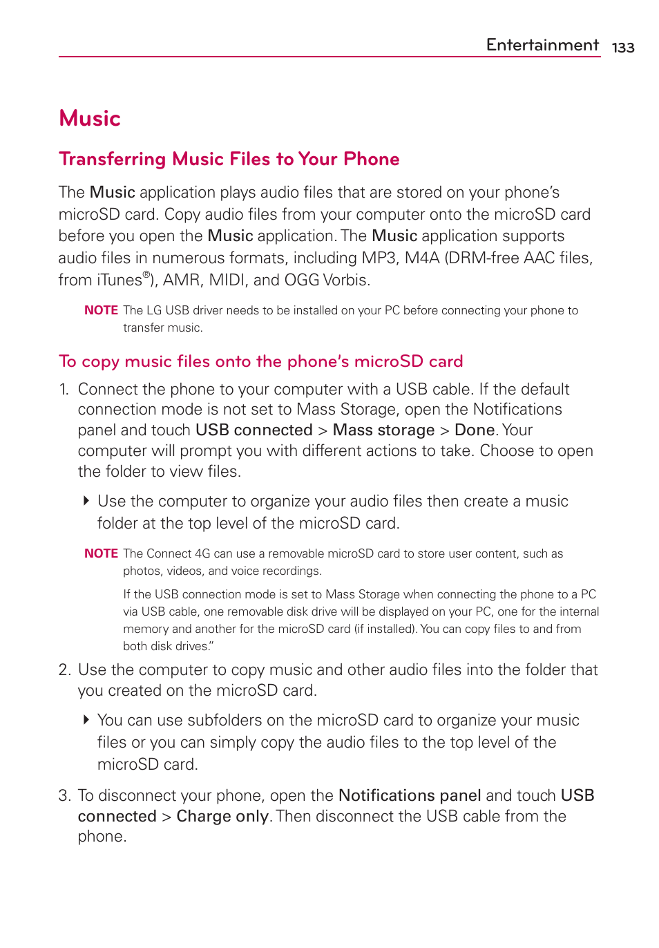 Music, Transferring music files to your phone, Entertainment | LG CONNECT 4G MFL67218101 User Manual | Page 135 / 415