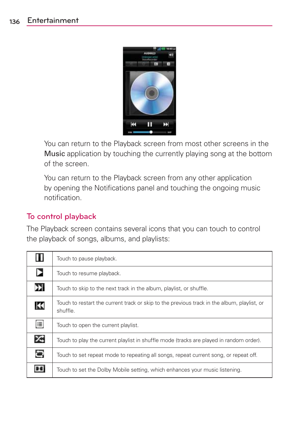 Entertainment | LG CONNECT 4G MFL67218101 User Manual | Page 138 / 415
