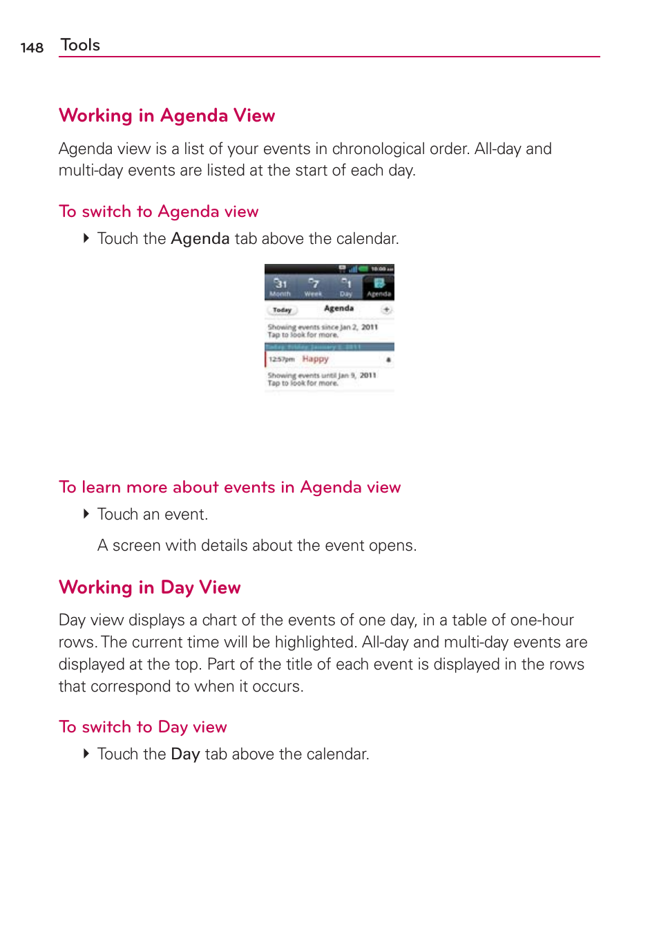 Working in agenda view, Working in day view | LG CONNECT 4G MFL67218101 User Manual | Page 150 / 415