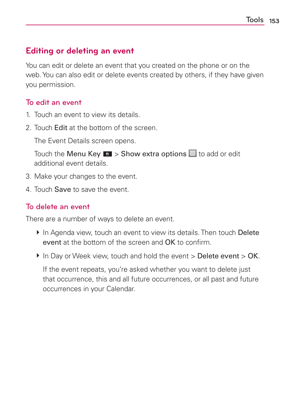 Editing or deleting an event | LG CONNECT 4G MFL67218101 User Manual | Page 155 / 415