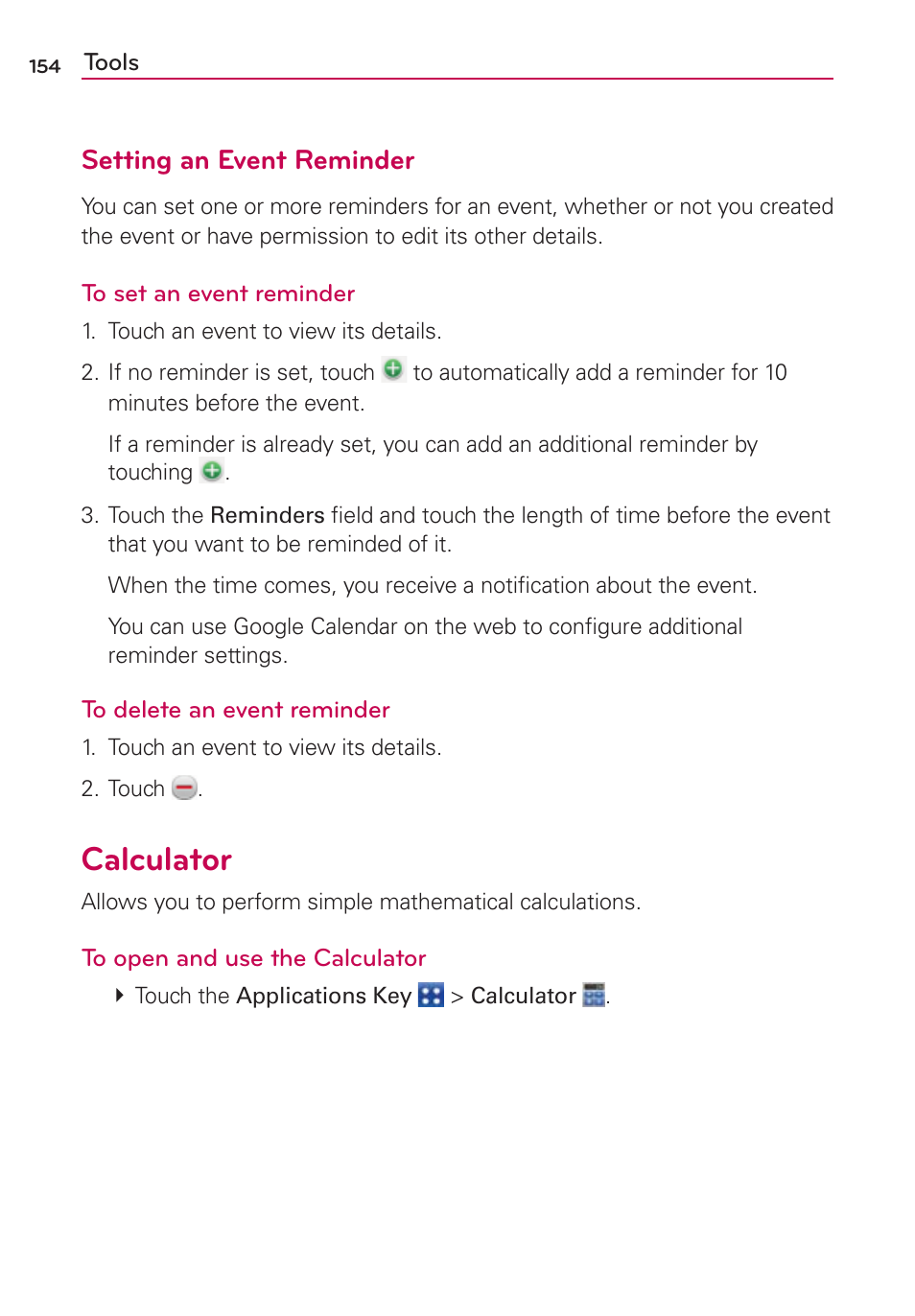 Calculator, Setting an event reminder | LG CONNECT 4G MFL67218101 User Manual | Page 156 / 415