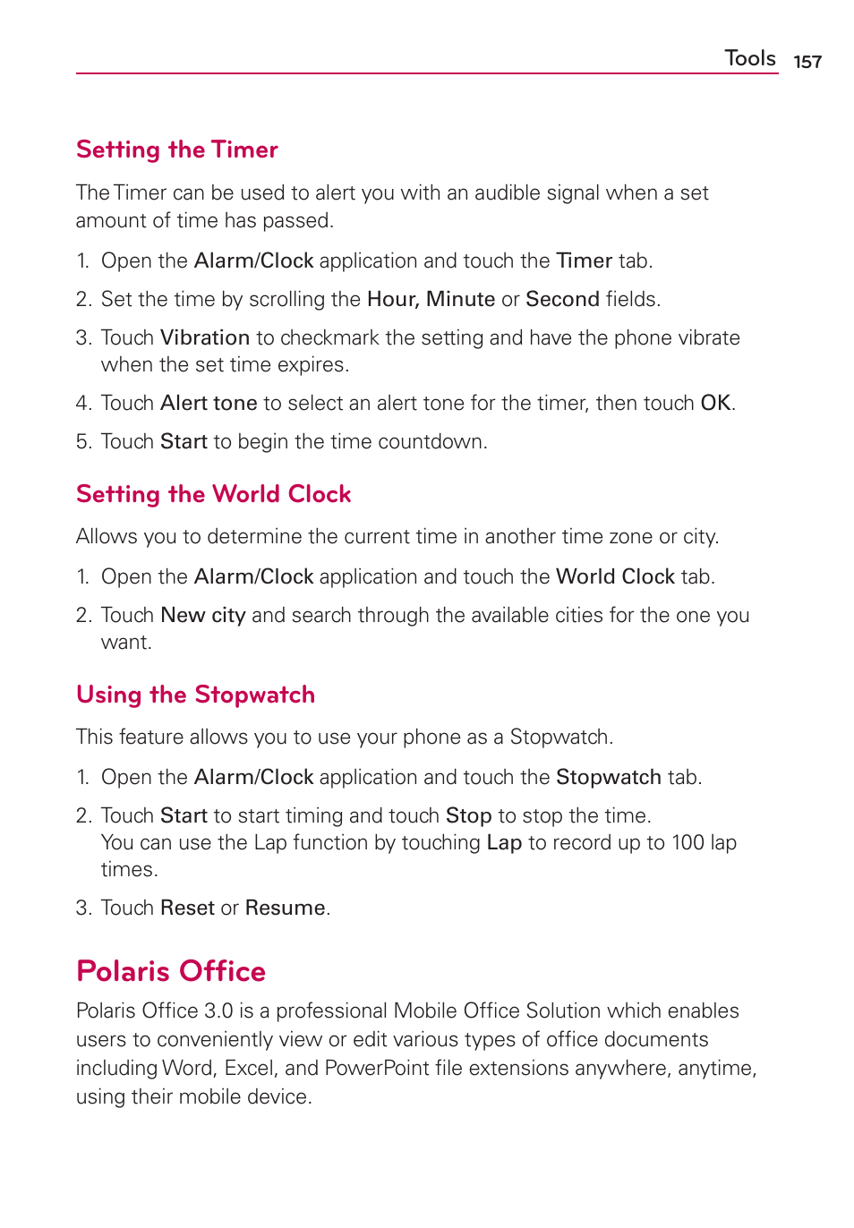 Polaris office, Polaris ofﬁce, Setting the timer | Setting the world clock, Using the stopwatch | LG CONNECT 4G MFL67218101 User Manual | Page 159 / 415