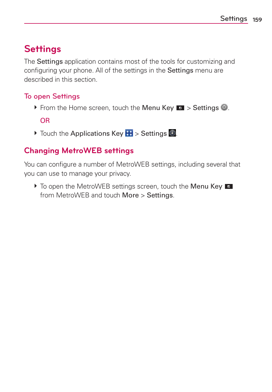 Settings, Changing metroweb settings | LG CONNECT 4G MFL67218101 User Manual | Page 161 / 415