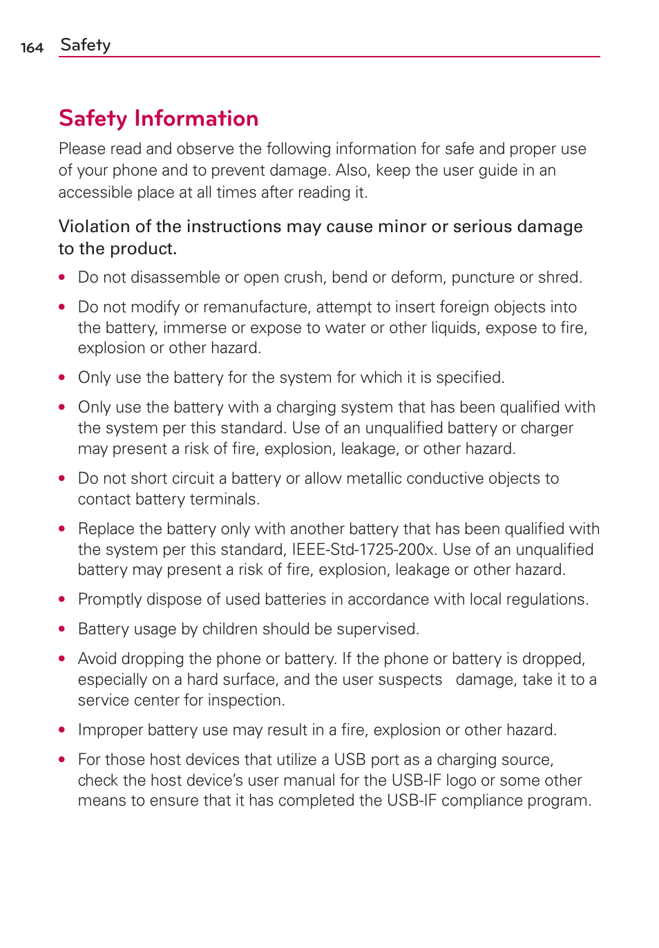 Safety information, Safety | LG CONNECT 4G MFL67218101 User Manual | Page 166 / 415