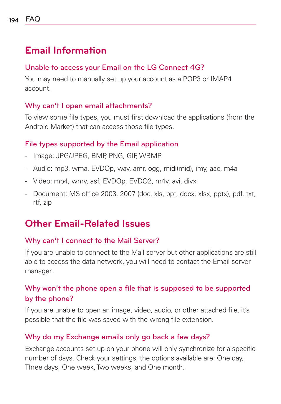 Email information, Other email-related issues | LG CONNECT 4G MFL67218101 User Manual | Page 196 / 415