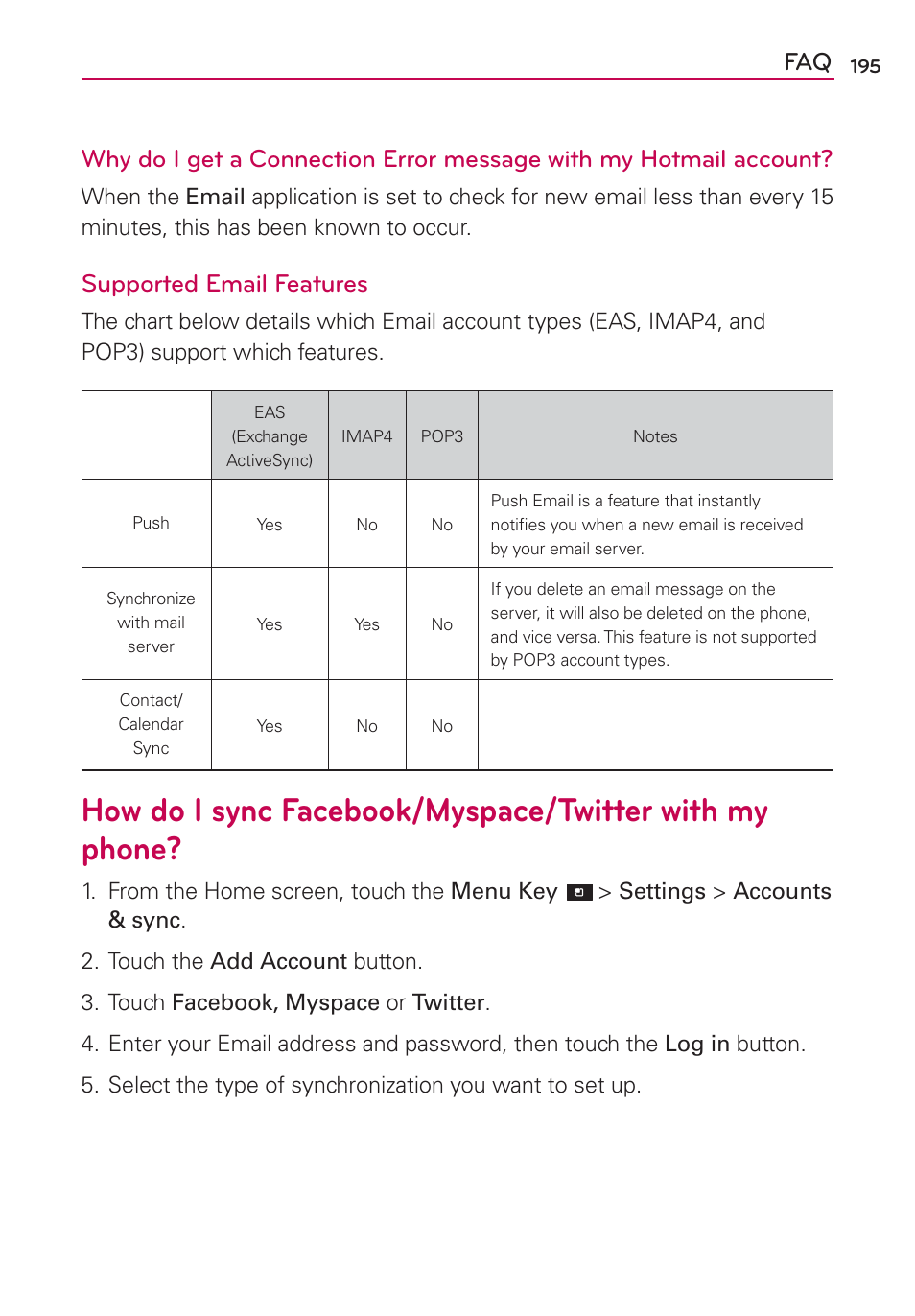 Supported email features | LG CONNECT 4G MFL67218101 User Manual | Page 197 / 415