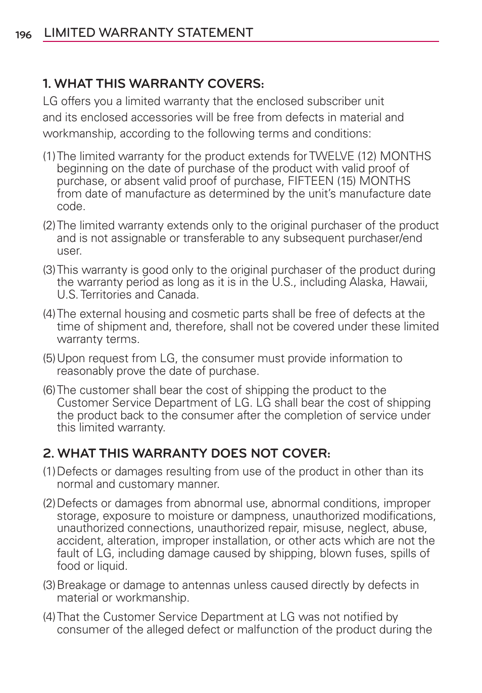 Limited warranty statement | LG CONNECT 4G MFL67218101 User Manual | Page 198 / 415