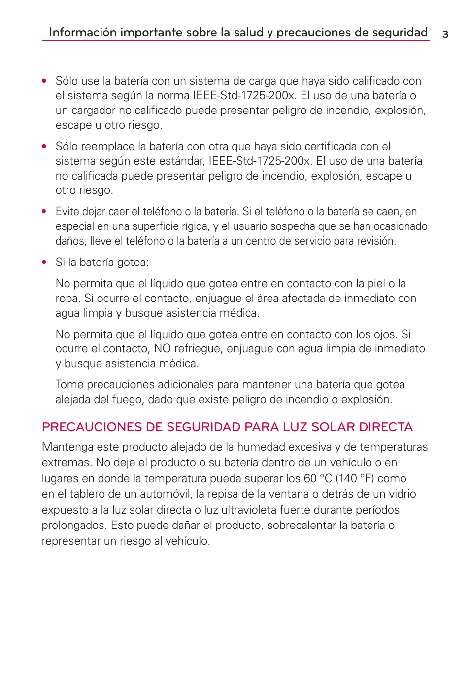 Precauciones de seguridad para luz solar directa | LG CONNECT 4G MFL67218101 User Manual | Page 209 / 415