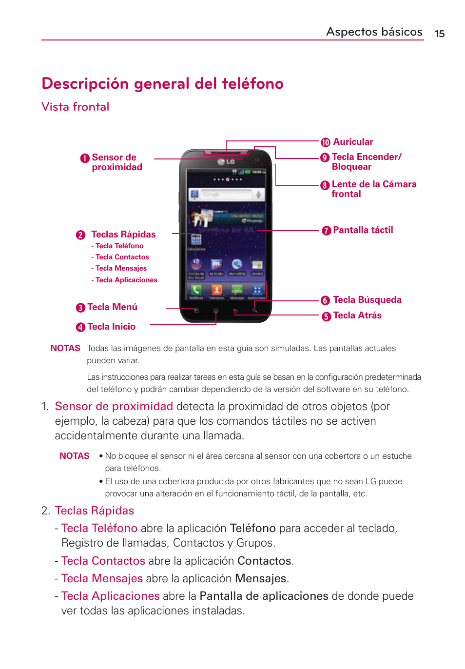 Descripción general del teléfono, Aspectos básicos, Vista frontal | LG CONNECT 4G MFL67218101 User Manual | Page 221 / 415