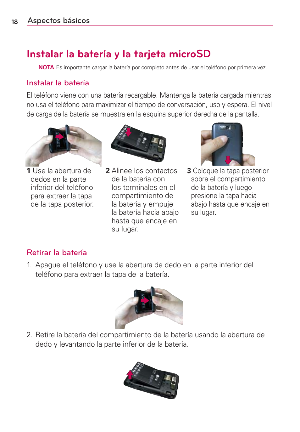 Instalar la batería y la tarjeta microsd | LG CONNECT 4G MFL67218101 User Manual | Page 224 / 415