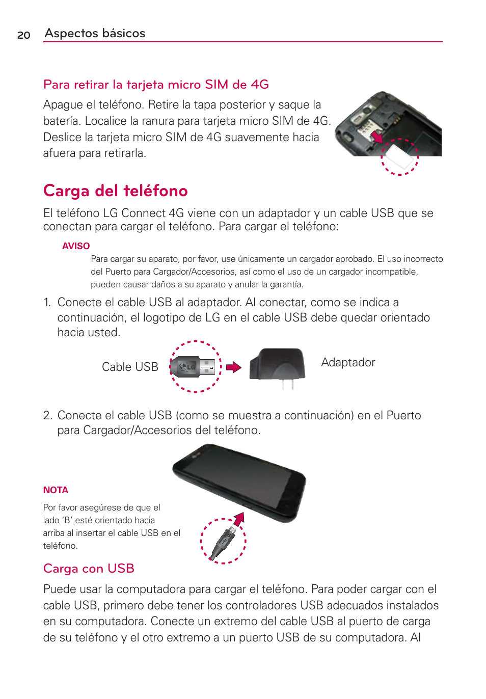 Carga del teléfono, Carga con usb | LG CONNECT 4G MFL67218101 User Manual | Page 226 / 415