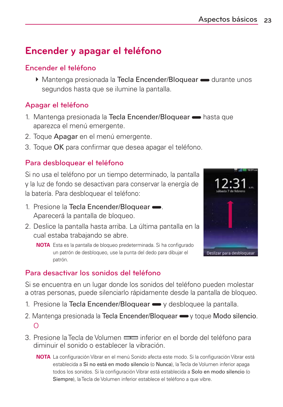 Encender y apagar el teléfono, Aspectos básicos, Encender el teléfono | Apagar el teléfono, Para desbloquear el teléfono, Para desactivar los sonidos del teléfono | LG CONNECT 4G MFL67218101 User Manual | Page 229 / 415