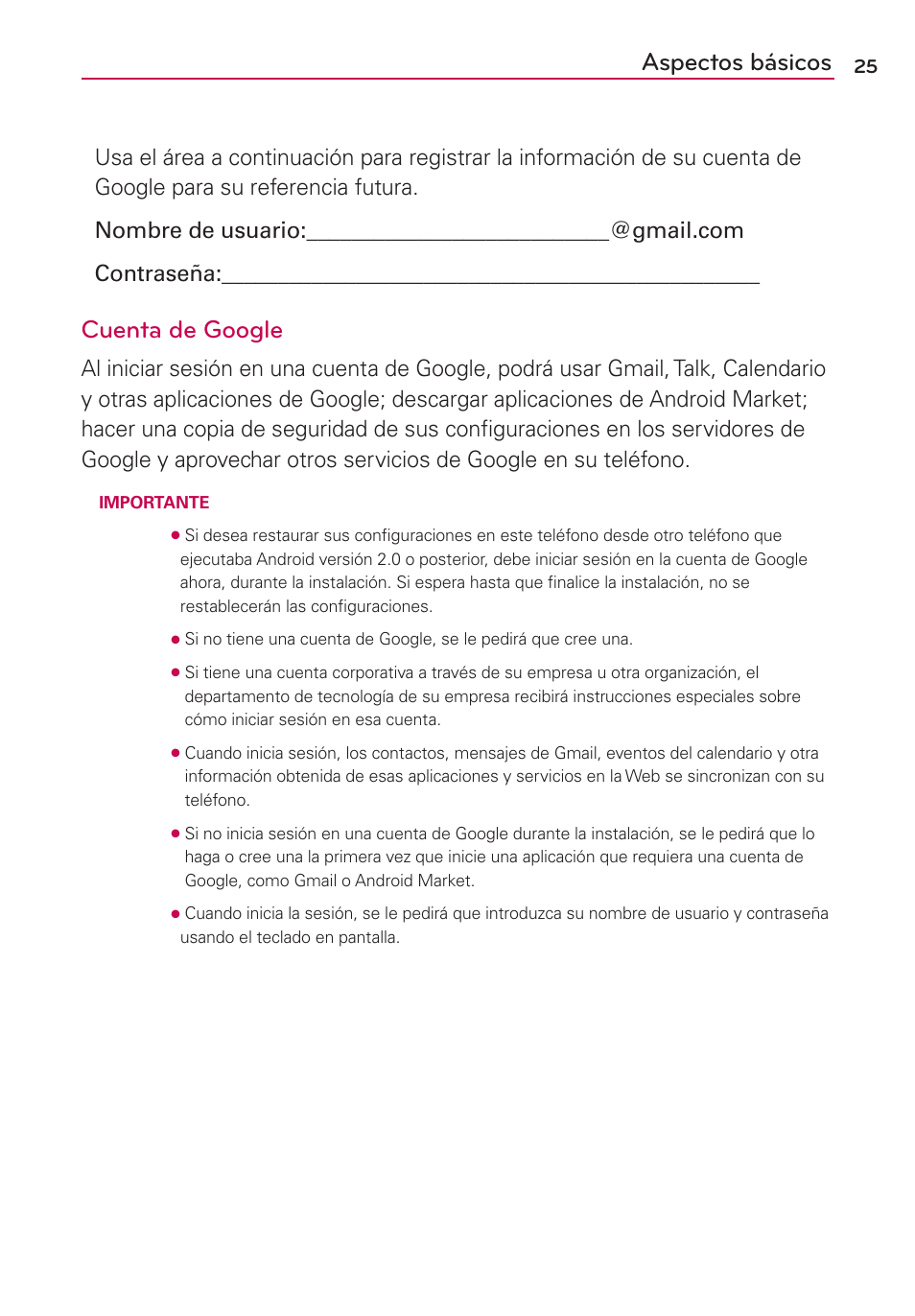 Aspectos básicos, Cuenta de google | LG CONNECT 4G MFL67218101 User Manual | Page 231 / 415
