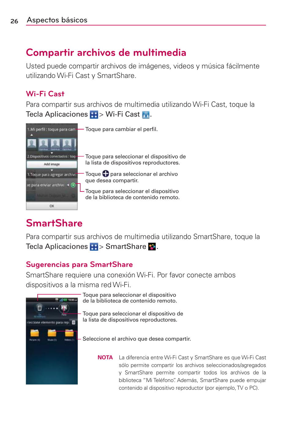 Compartir archivos de multimedia, Smartshare, Wi-fi cast | Sugerencias para smartshare, Aspectos básicos | LG CONNECT 4G MFL67218101 User Manual | Page 232 / 415