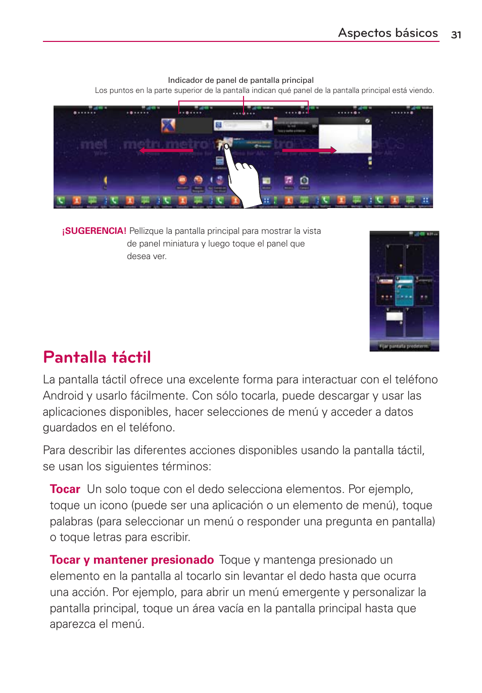 Pantalla táctil, Aspectos básicos | LG CONNECT 4G MFL67218101 User Manual | Page 237 / 415