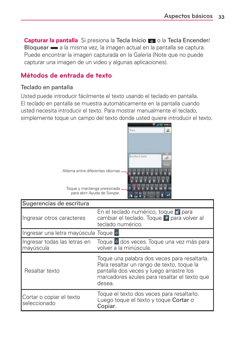 Métodos de entrada de texto, Aspectos básicos | LG CONNECT 4G MFL67218101 User Manual | Page 239 / 415
