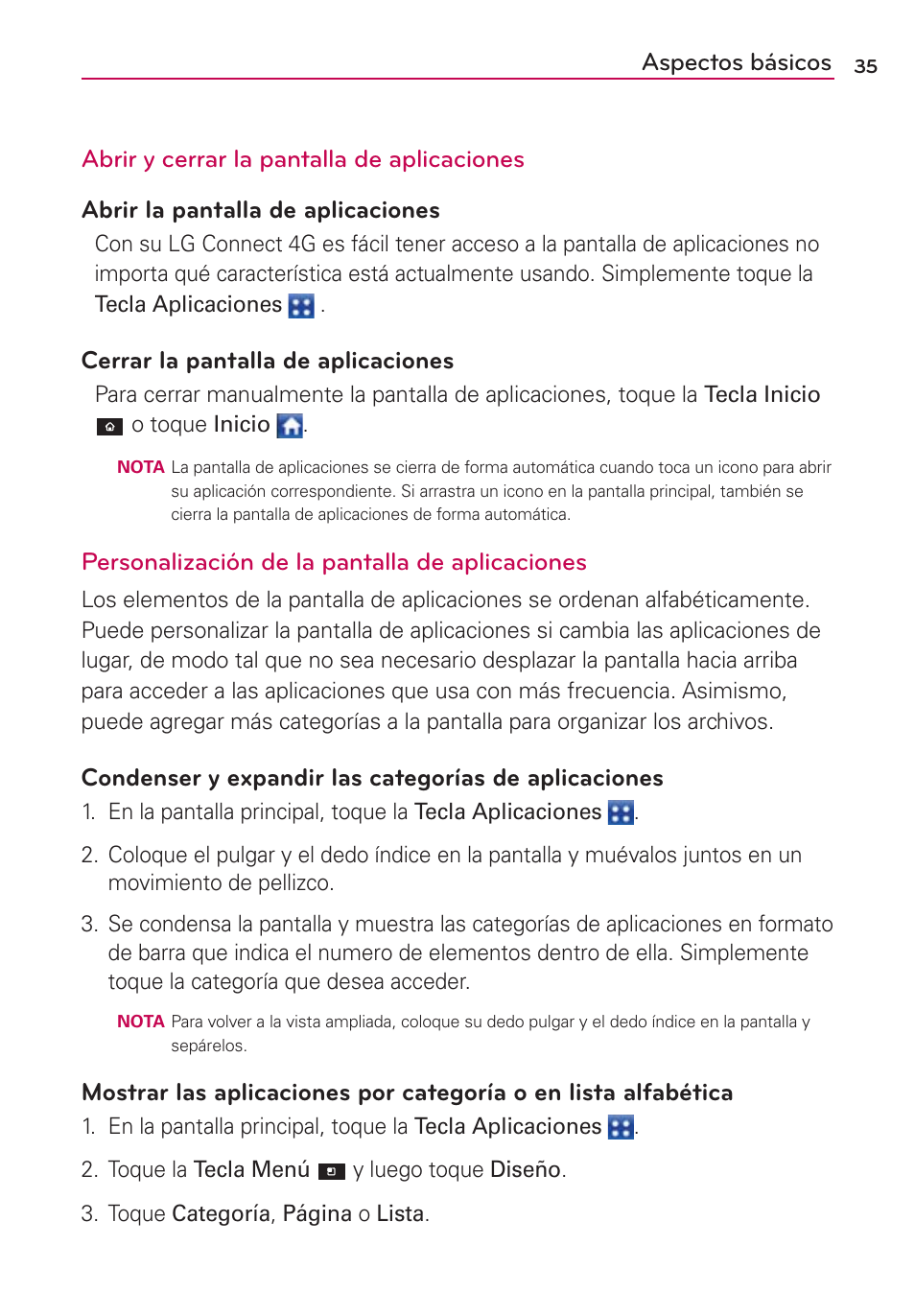 Cerrar la pantalla de aplicaciones, Personalización de la pantalla de aplicaciones | LG CONNECT 4G MFL67218101 User Manual | Page 241 / 415