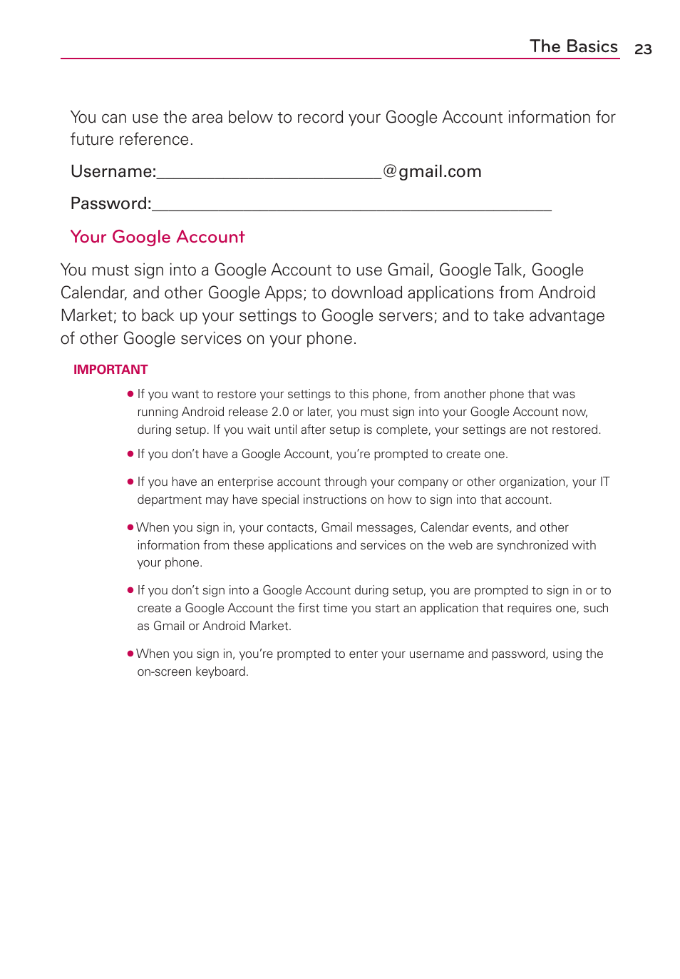 The basics, Your google account | LG CONNECT 4G MFL67218101 User Manual | Page 25 / 415