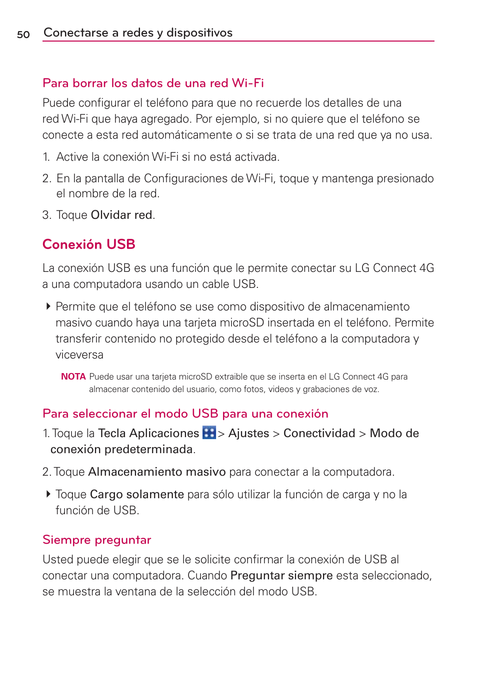 Conexión usb, Para seleccionar el modo usb para una conexión, Siempre preguntar | LG CONNECT 4G MFL67218101 User Manual | Page 256 / 415