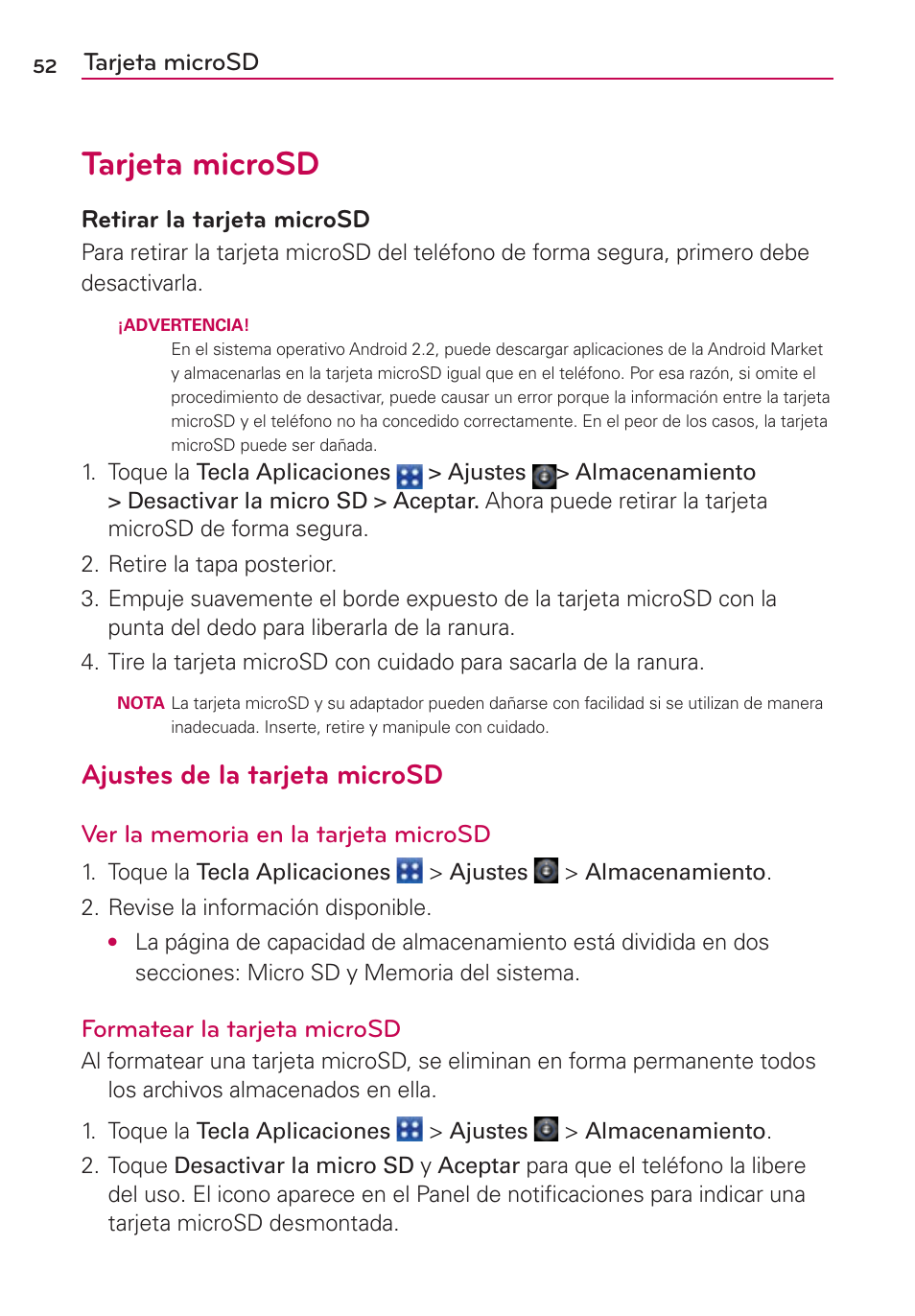 Ajustes de la tarjeta microsd, Tarjeta microsd, Retirar la tarjeta microsd | Formatear la tarjeta microsd | LG CONNECT 4G MFL67218101 User Manual | Page 258 / 415