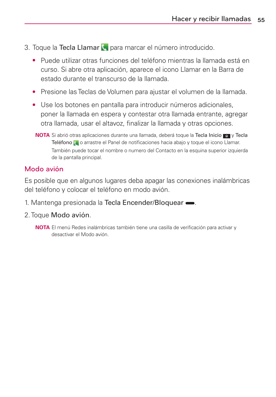 Modo avión, Hacer y recibir llamadas | LG CONNECT 4G MFL67218101 User Manual | Page 261 / 415