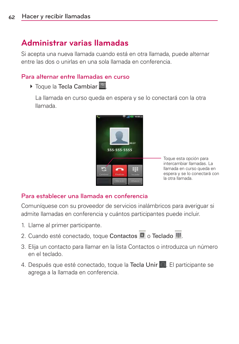 Administrar varias llamadas | LG CONNECT 4G MFL67218101 User Manual | Page 268 / 415