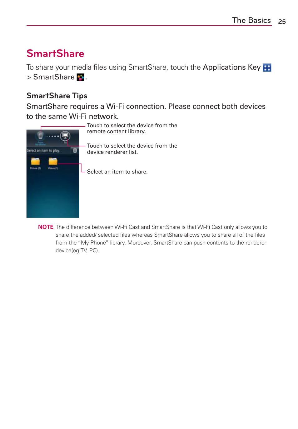 Smartshare, The basics, Smartshare tips | LG CONNECT 4G MFL67218101 User Manual | Page 27 / 415