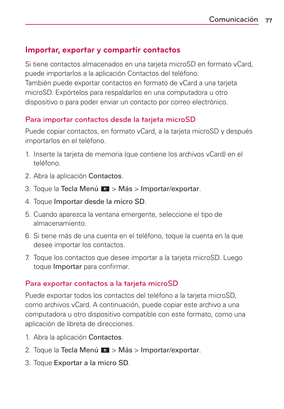 Importar, exportar y compartir contactos | LG CONNECT 4G MFL67218101 User Manual | Page 283 / 415