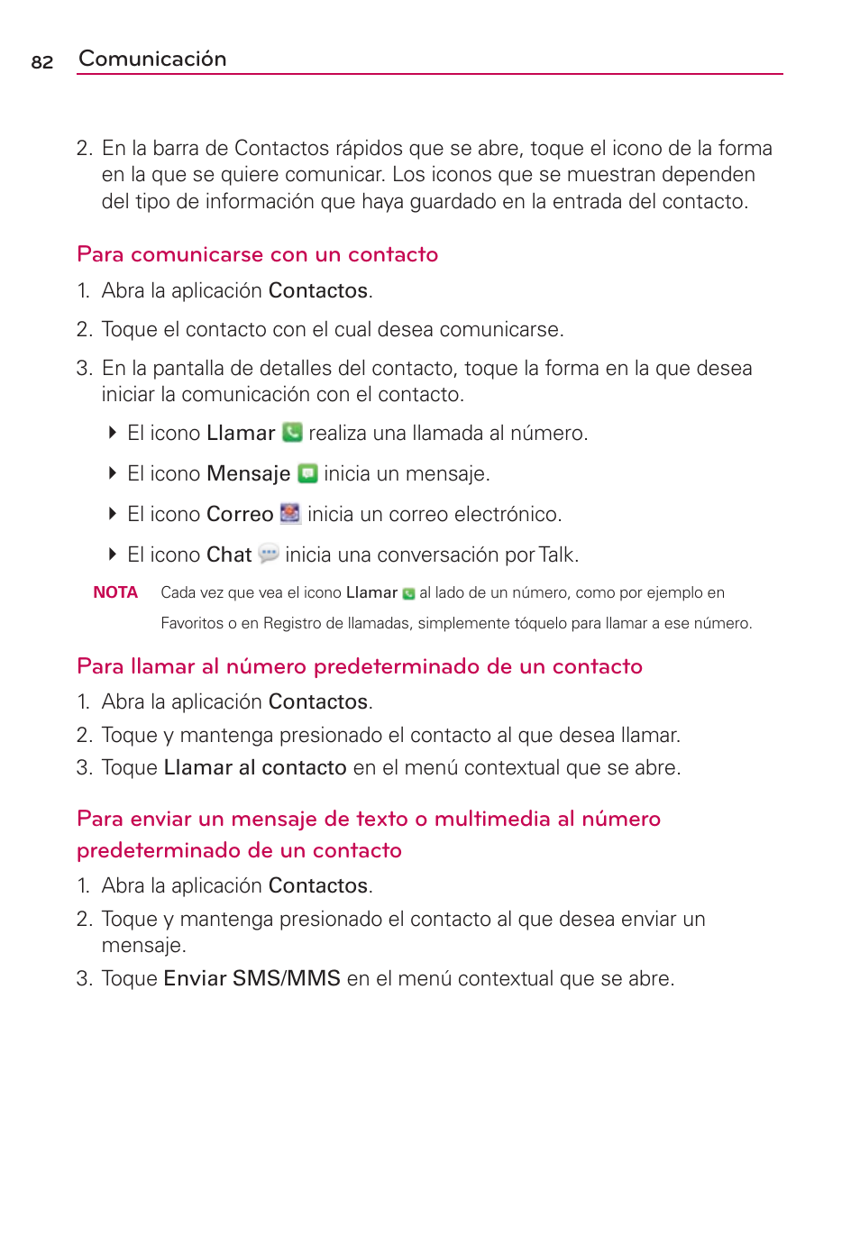 Comunicación, Para comunicarse con un contacto | LG CONNECT 4G MFL67218101 User Manual | Page 288 / 415
