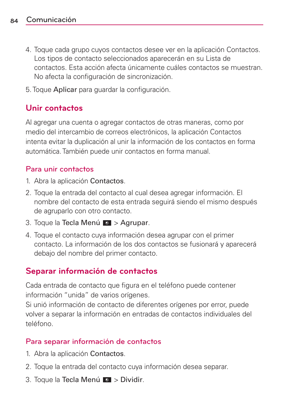 Unir contactos, Separar información de contactos | LG CONNECT 4G MFL67218101 User Manual | Page 290 / 415