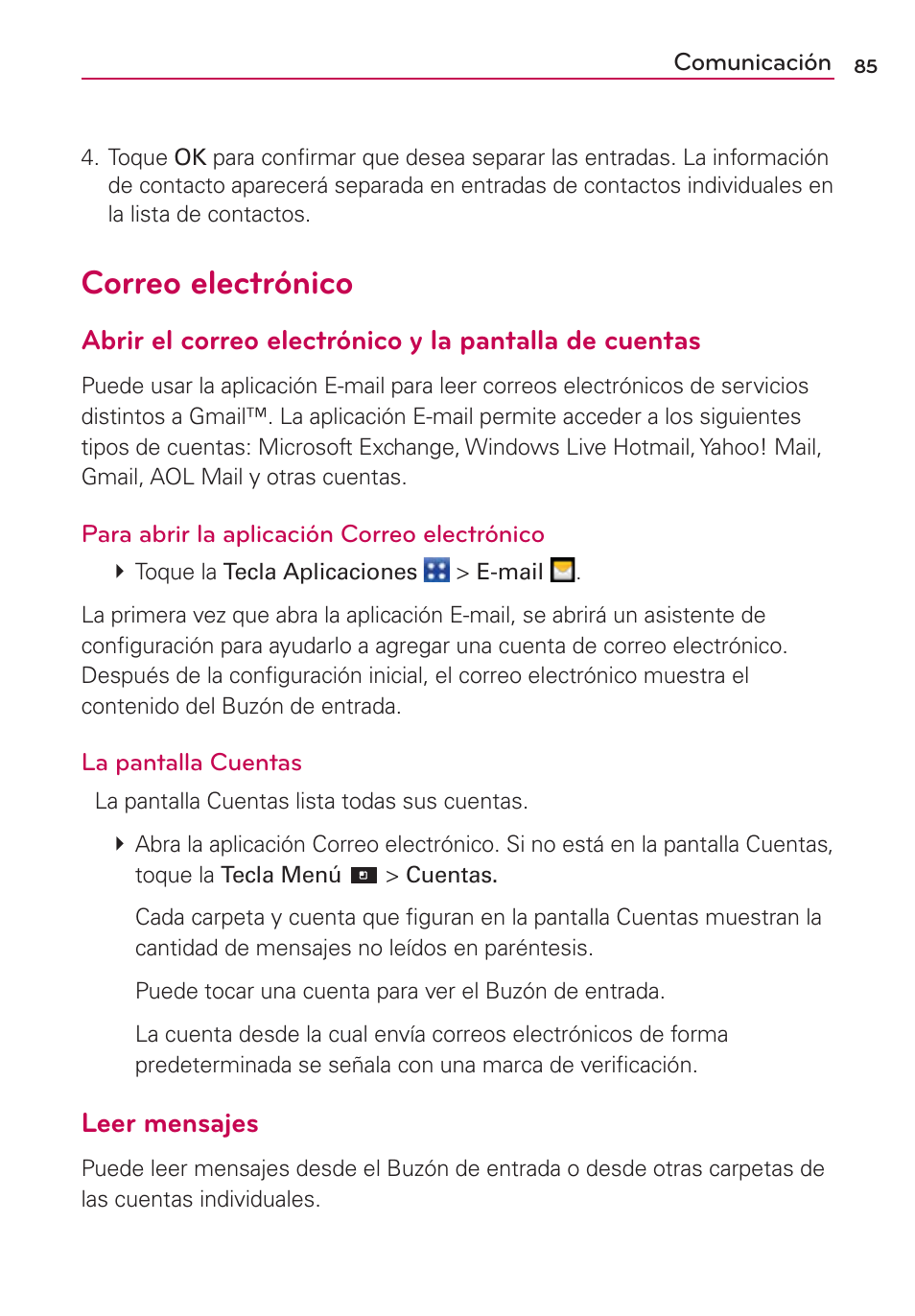 Correo electrónico, Leer mensajes | LG CONNECT 4G MFL67218101 User Manual | Page 291 / 415