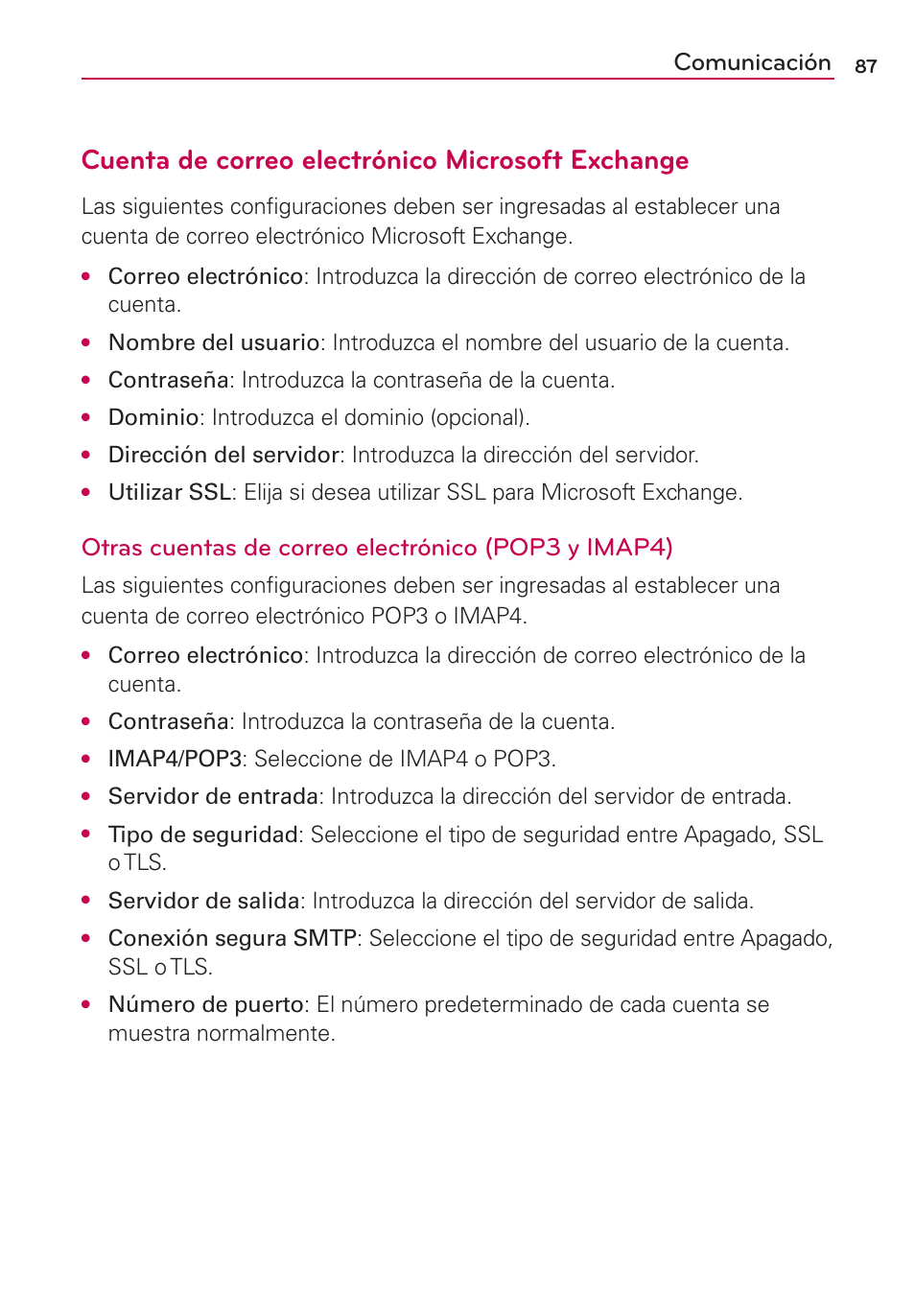 Cuenta de correo electrónico microsoft exchange, Comunicación, Otras cuentas de correo electrónico (pop3 y imap4) | LG CONNECT 4G MFL67218101 User Manual | Page 293 / 415