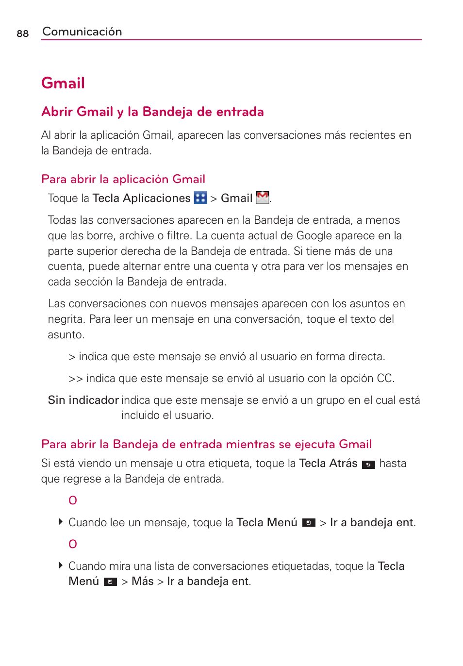 Gmail, Abrir gmail y la bandeja de entrada | LG CONNECT 4G MFL67218101 User Manual | Page 294 / 415