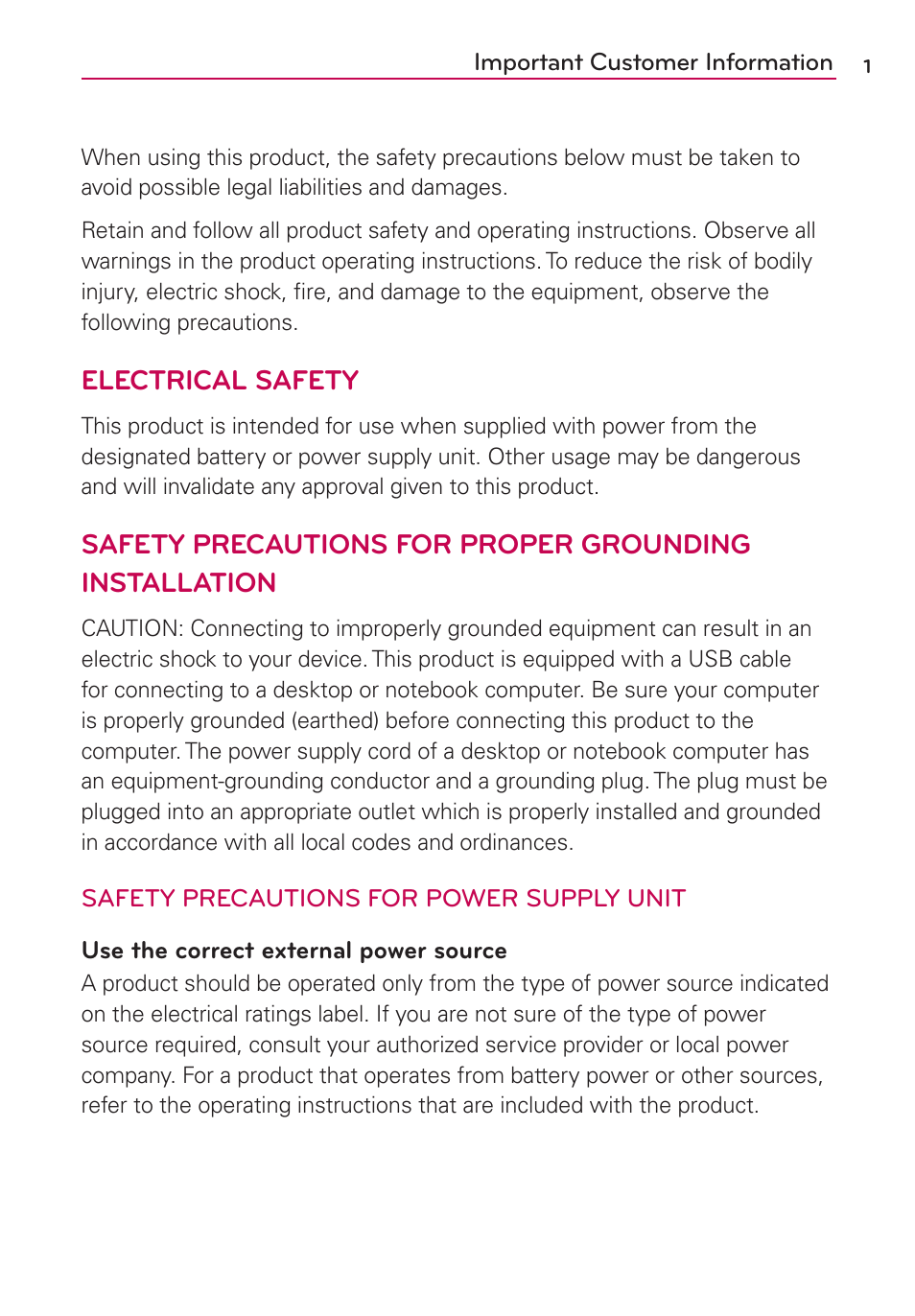 Important customer information, Electrical safety | LG CONNECT 4G MFL67218101 User Manual | Page 3 / 415